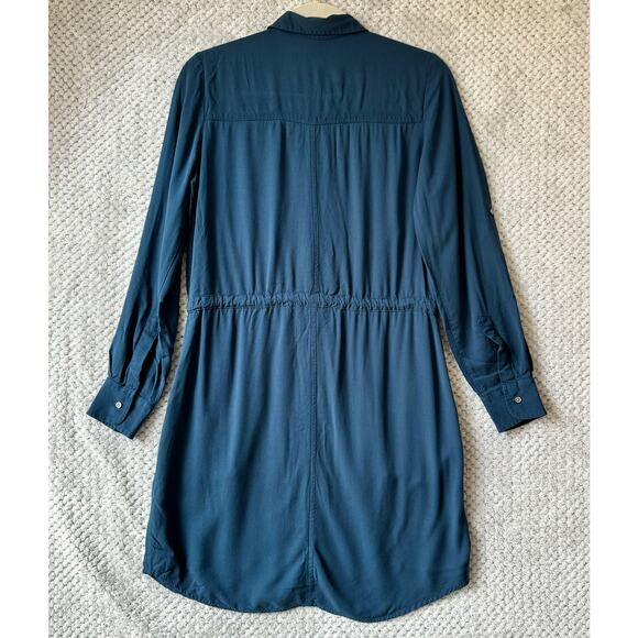 LOFT Lou & Grey Dress XS Blue Shirt Button Front Pockets Tie Waist Roll Sleeves - Picture 6 of 15